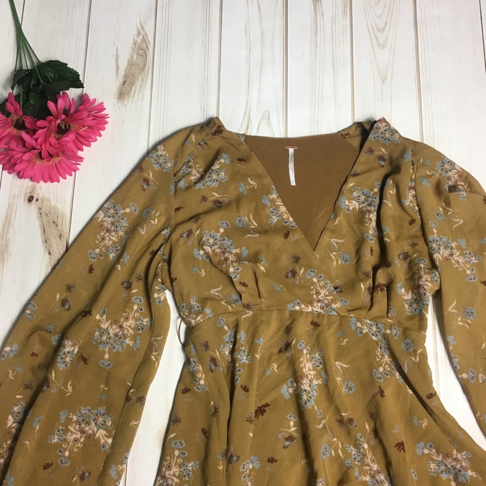 Free People Dress Mustard Yellow w Blue Flowers - Picture 2 of 3